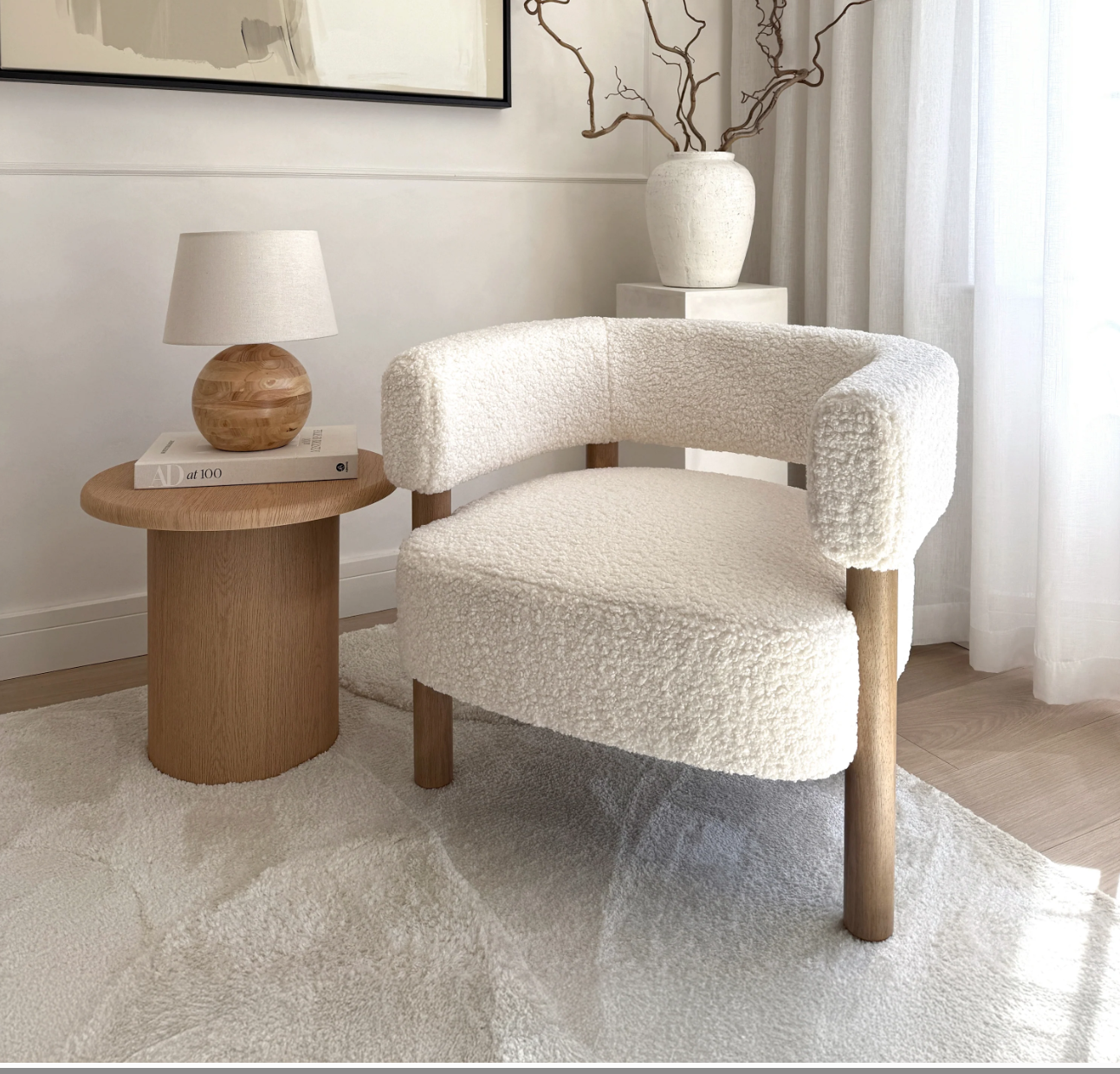 Cara Boucle Accent Chair Ivory & Warm Wood